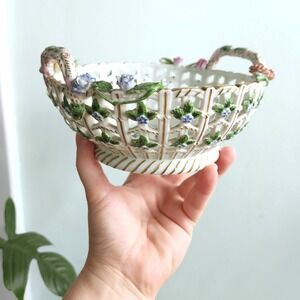 Vintage Dresden Floral Porcelain Basket Reticulated Bowl Handles‎ Cottage Decor